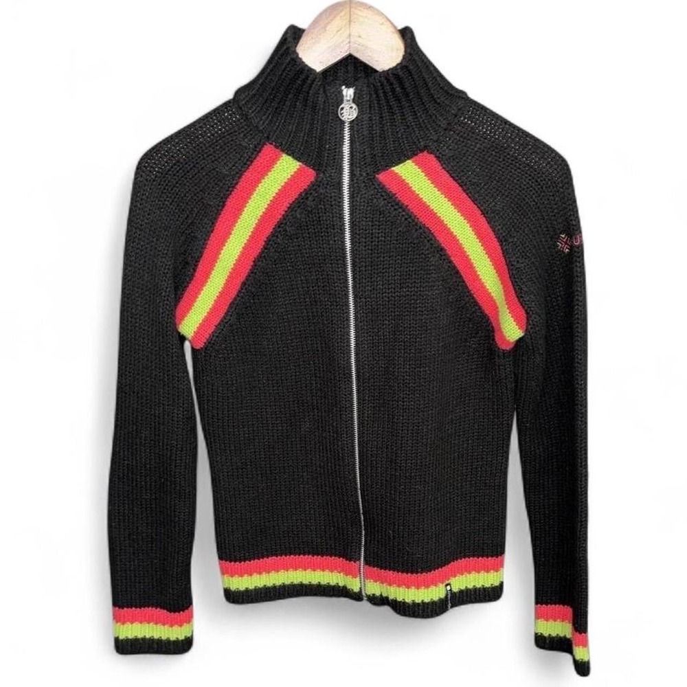Vintage Sweater Womens Small Black Stripe Full‎ Zip Chunky Knit Mock Neck Y2K